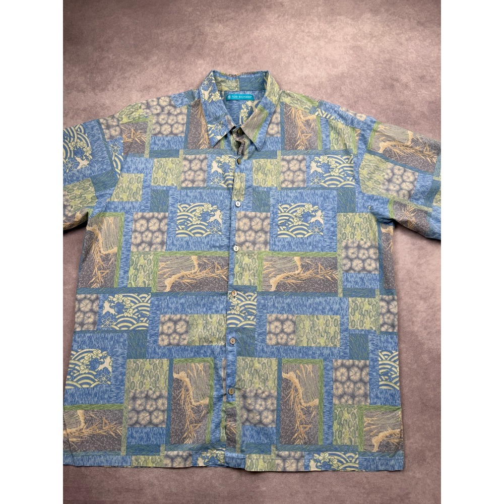 Tori Richard Mens XL Aloha Shirt Blue Green Patchwork Cotton Lawn Made in Hawaii